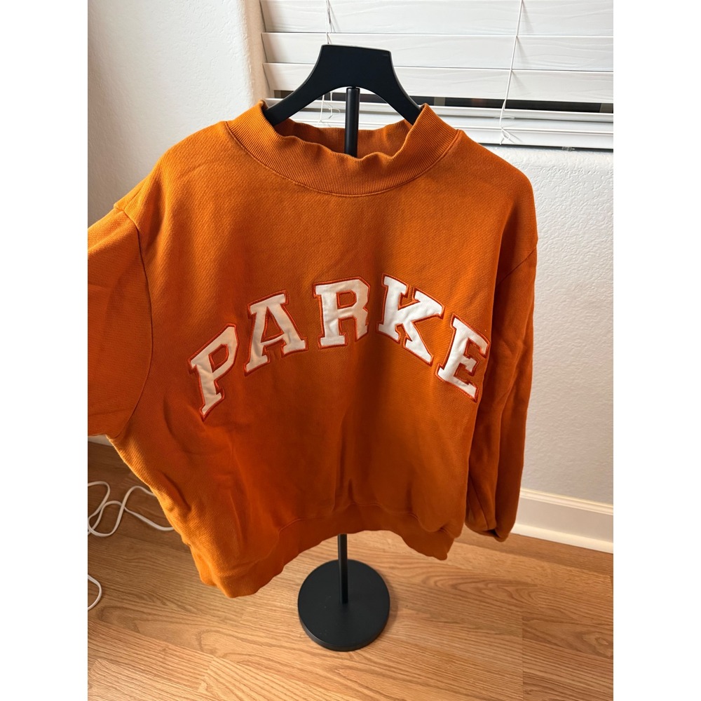 Parke Womens Orange Collegiate Logo Mock Neck Sweatshirt L/XL Oversized Pullover